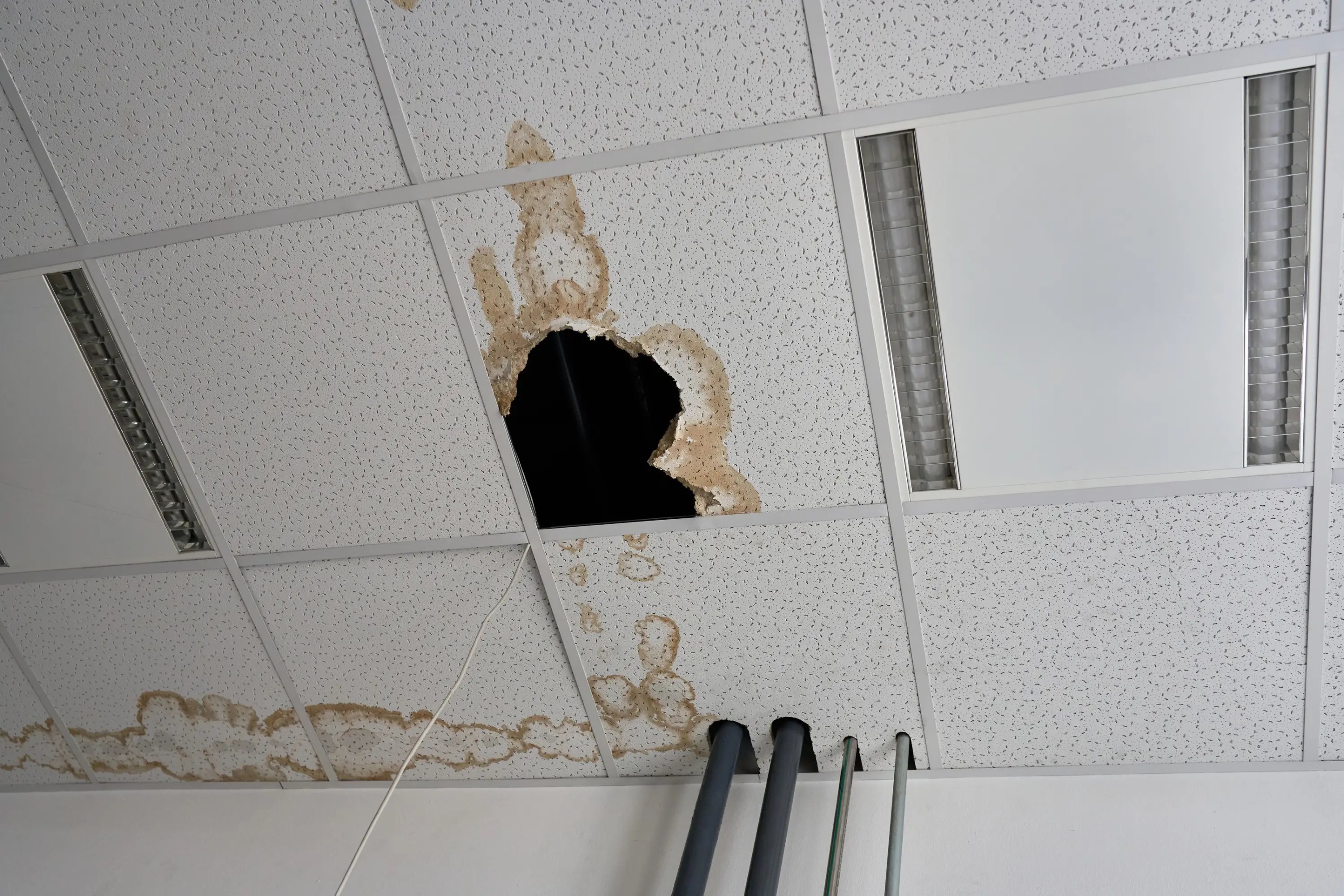 Water-stained ceiling tiles with a hole from an active roof leak