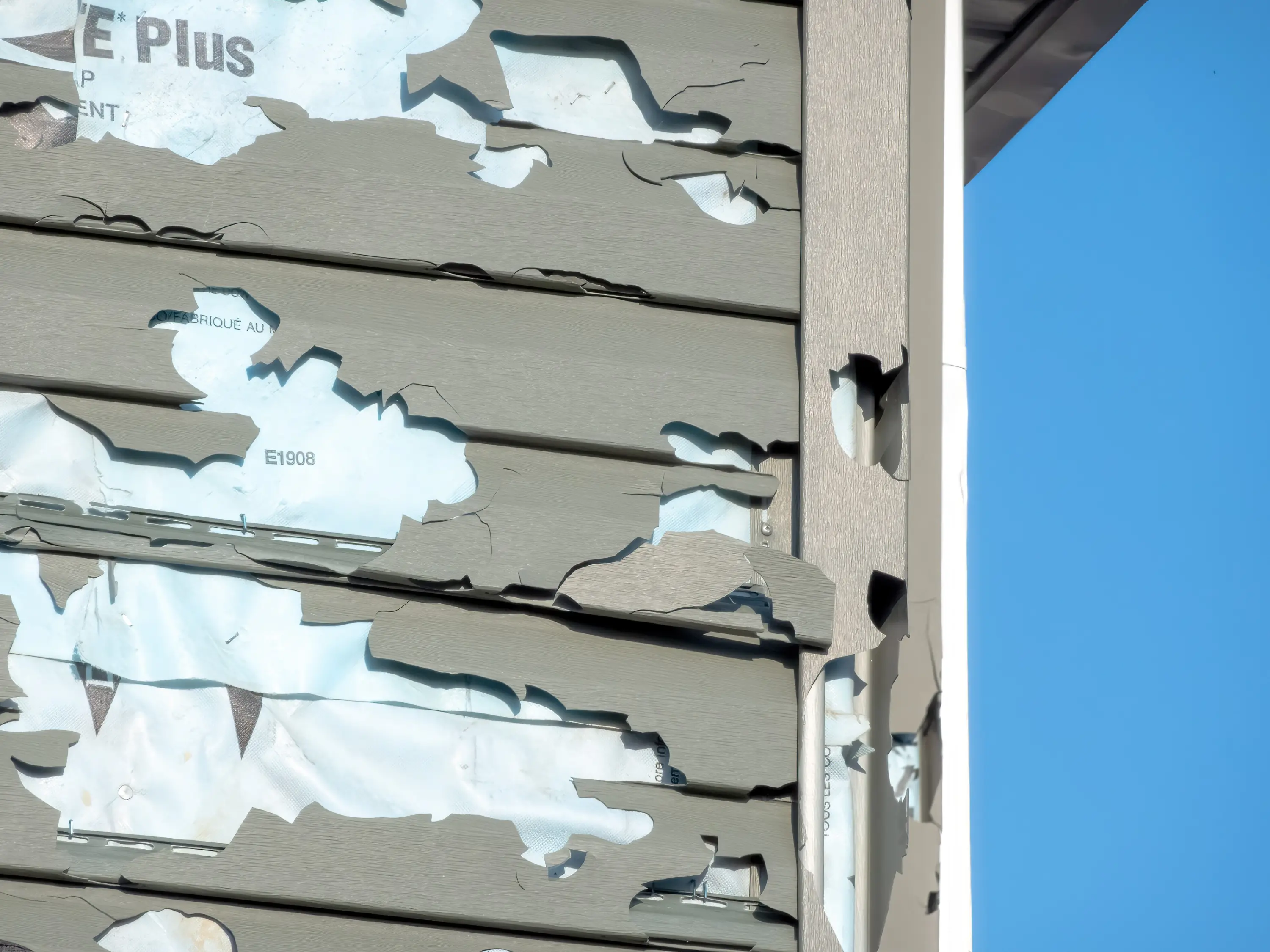 Hail-damaged siding with large patches torn off