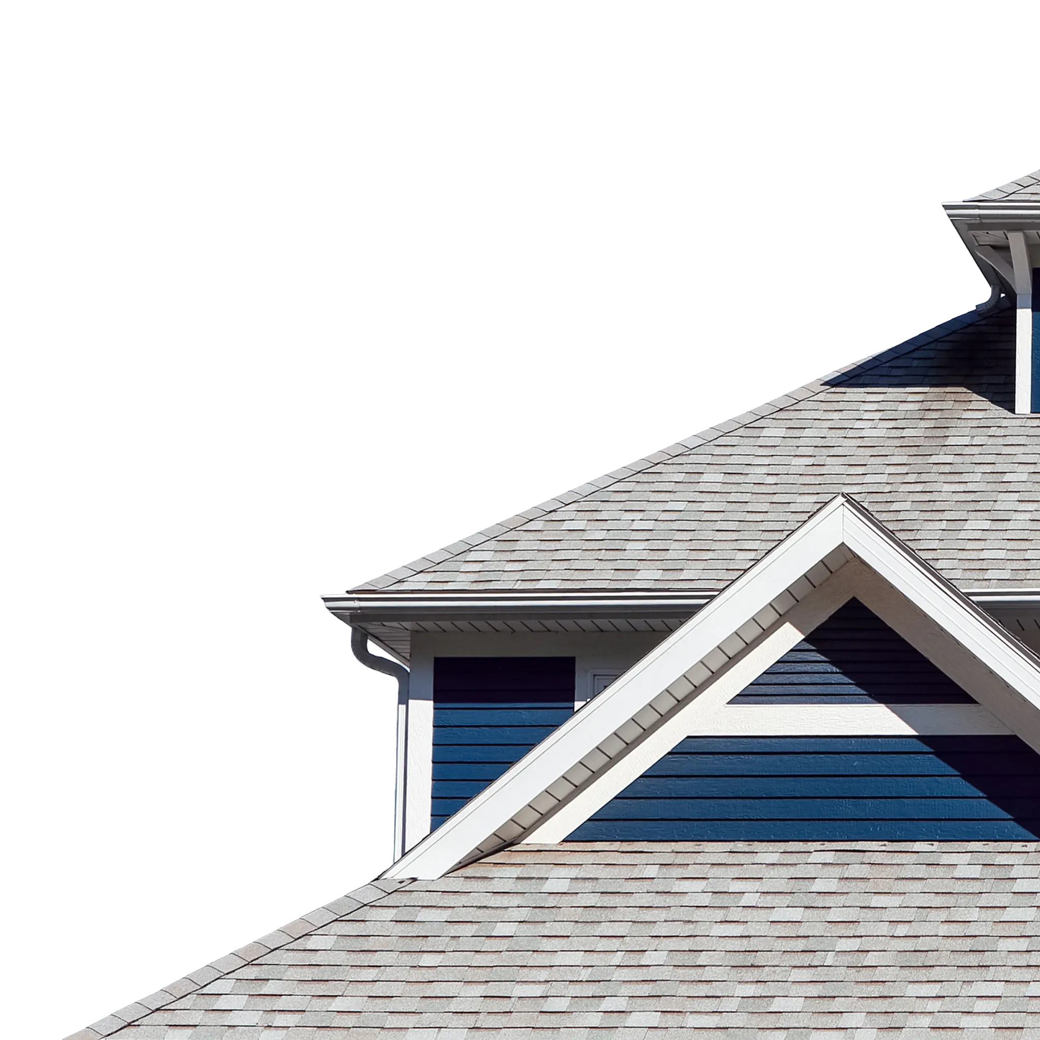 Navy blue house with a grey shingle roof against a blue sky